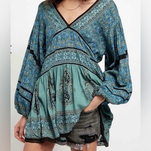 Free People Tops - Free People Luna Scarf Print Tunic Ocean Combo Boho Top Small